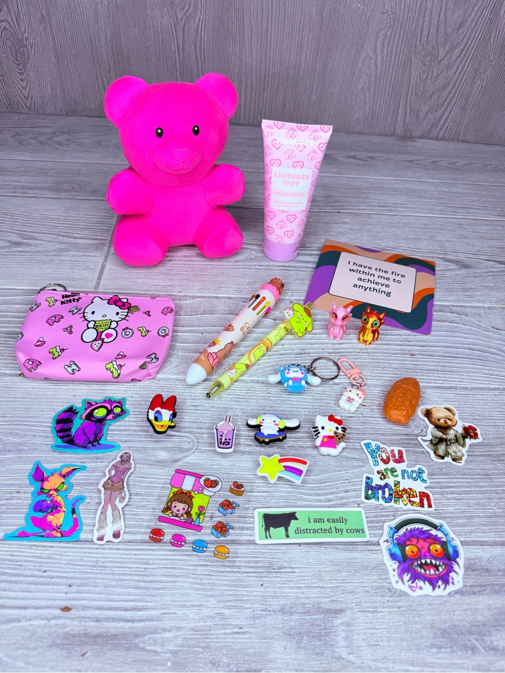 Plush bear bundle keychains stickers, croc charm bracelet dragons pen lotion